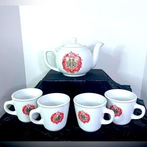 Porcelain Chinese Tea Set 6-Pc Teapot Teacups Dragon Double Happiness White Red